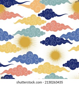 Tibetan or chinese seamless pattern in ancient style.Traditional oriental ornament.Clouds floating in the sky.
