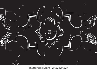 Tibetan Fabric. Abstract Kaleidoscope Print. Black and White Texture. Ikat Hand Drawn Ornament. Ethnic Traditional Print. Tibetan Hand Drawn Fabric Print.