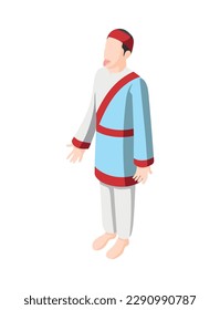 Tibetan man doing greeting gesture putting tongue out isometric vector illustration