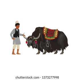 Tibetan man with domestic yak. Vector illustration isolated on white background