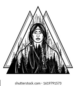Tibetan man on the background of the forest in the geometric frame