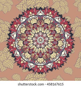 Tibetan mandala isolated on seamless background. Vintage decorative elements. Hand drawn seamless pattern. Islam, Arabic, Indian, ottoman motifs.