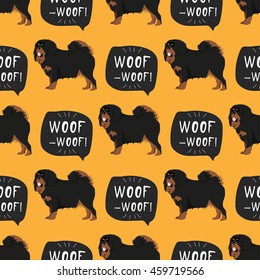 Tibetan mastiff dog asian breed colorful seamless vector background with banner