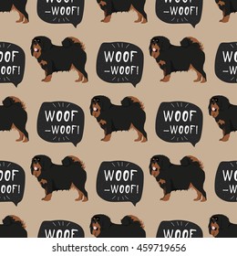 Tibetan mastiff dog asian breed colorful seamless vector background with banner woof