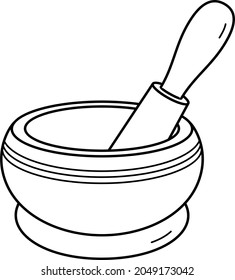 Tibetan Meditation Yoga Singing Bowl Set. Vector Outline Illustration.