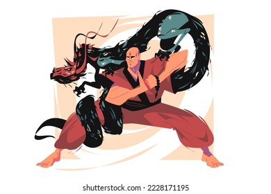 Tibetan monk character fighting with dragon vector illustration. Sun wukong flat style. Chinese mythology concept