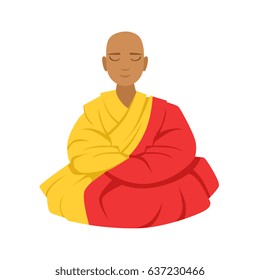 Tibetan monk in a robe, buddhist in lotus position, colorful character vector Illustration