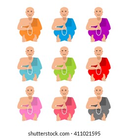 Tibetan monk set. Buddhist Tibet in colorful robes. Novice monastery meditating. Rosary prayer. Recluse Nirvana and enlightenment
