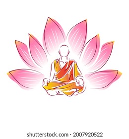 A Tibetan monk sits in a yoga pose against the backdrop of a lotus flower. Illustration on white.
