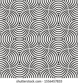 Tibetan Ogee Drop seamless background. Scallop tile ornament in black and white. Abstract fish scale shapes repeatable pattern. Repeat contrast fashion design. Vector illustration.