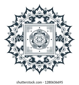 Tibetan pattern Mandala design. Hand drawn decorative element. Template for yoga classes banners, web site and cards design.
