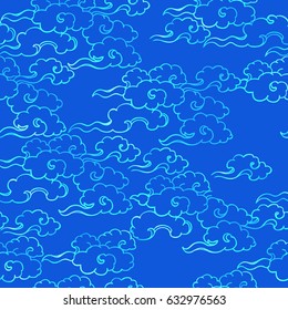 Tibetan pattern seamless on the light blue background, decorative sparkling clouds in groups.