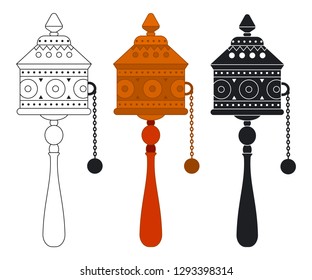 Tibetan prayer wheel vector flat icons set isolated on a white background.