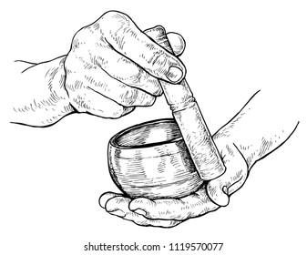 Tibetan singing bowl in the hands of man- vector illustration, isolated on white