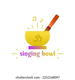 Tibetan singing bowl, logo or icon concept. Sanskrit Om symbol written, sacred mantra meaning hum. Mallet touching the rim of metal bowl, making sound, vibration, music as alternative therapy symbol. 