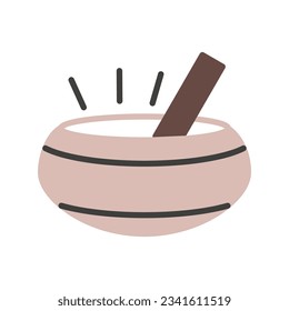 Tibetan singing bowl with a wooden resonant stick. Hand Percussion outline colored vector icon isolated on white background. Sound healing. Meditation and yoga, healthy spiritual life concept.