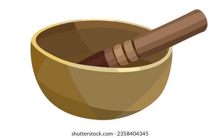 Tibetan singing bowl with wooden stick on it. Healing and meditation instrument. Yoga concept. Vector isolated illustration