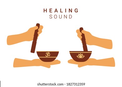 Tibetan singing bowls in hands of man or woman. Playing healing music. Ayuverda, meditation and relaxation. Vector flat illustration