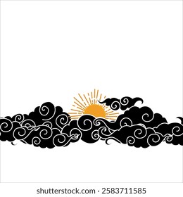 Tibetan sky. Asian cloud with moon, sun and stars. Japanese Korean Chinese cloud style. Asian traditional ornaments. Border pattern. Vector illustration