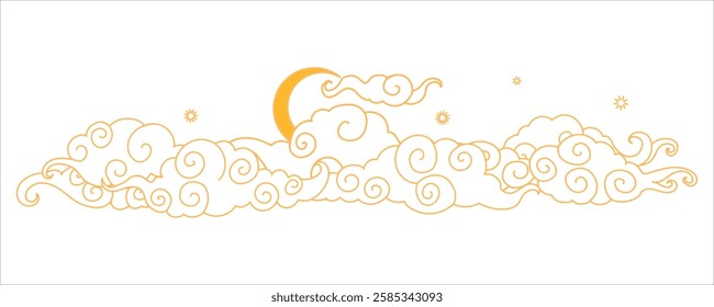 Tibetan sky. Asian cloud with moon, sun and stars. Japanese Korean Chinese cloud style. Asian traditional ornaments. Border pattern. Vector illustration