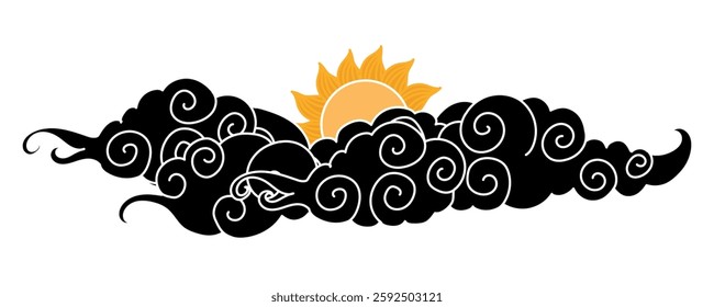 Tibetan sky. Asian cloud with moon, sun and stars. Japanese Korean Chinese cloud style. Asian traditional ornaments. Border pattern. Vector illustration