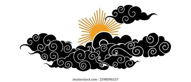 Tibetan sky. Asian cloud with moon, sun and stars. Japanese Korean Chinese cloud style. Asian traditional ornaments. Border pattern. Vector illustration