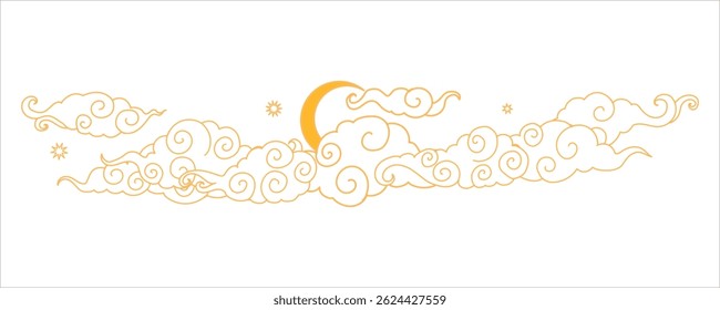 Tibetan sky. Asian cloud with moon, sun and stars. Japanese Korean Chinese cloud style. Asian traditional ornaments. Border pattern. Vector illustration