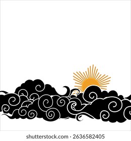 Tibetan sky. Asian cloud with moon, sun and stars. Japanese Korean Chinese cloud style. Asian traditional ornaments. Border pattern. Vector illustration