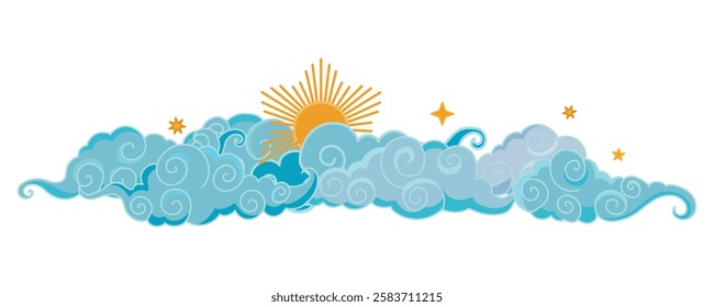 Tibetan sky. Blue Asian cloud with moon, sun and stars. Japanese Korean Chinese cloud style. Asian traditional ornaments. Border pattern. Vector illustration