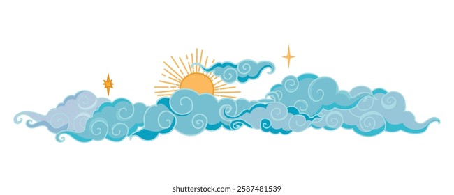 Tibetan sky. Blue Asian cloud with moon, sun and stars. Japanese Korean Chinese cloud style. Asian traditional ornaments. Border pattern. Vector illustration