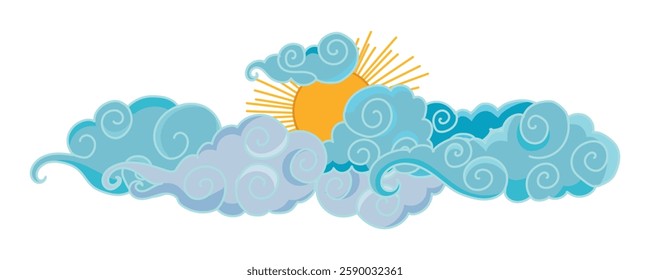 Tibetan sky. Blue Asian cloud with moon, sun and stars. Japanese Korean Chinese cloud style. Asian traditional ornaments. Border pattern. Vector illustration