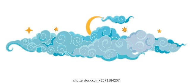 Tibetan sky. Blue Asian cloud with moon, sun and stars. Japanese Korean Chinese cloud style. Asian traditional ornaments. Border pattern. Vector illustration