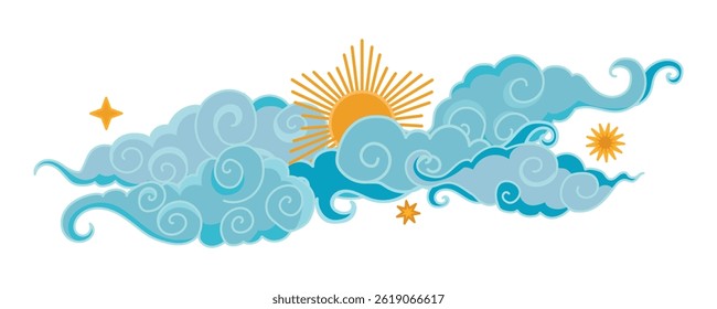Tibetan sky. Blue Asian cloud with moon, sun and stars. Japanese Korean Chinese cloud style. Asian traditional ornaments. Border pattern. Vector illustration