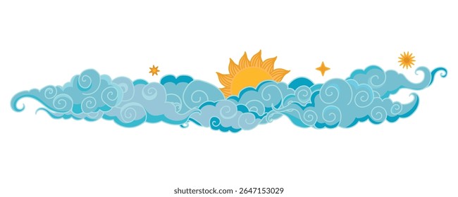 Tibetan sky. Blue Asian cloud with moon, sun and stars. Japanese Korean Chinese cloud style. Asian traditional ornaments. Border pattern. Vector illustration