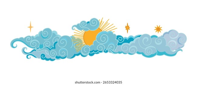 Céu tibetano. Nuvem azul asiática com lua, sol e estrelas. Estilo de nuvem chinês coreano japonês. Ornamentos tradicionais asiáticos. Padrão de borda. Ilustração vetorial