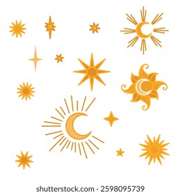 Tibetan sky. Golden moon, sun and stars. Japanese Korean Chinese cloud style. Asian traditional ornaments. Vector illustration