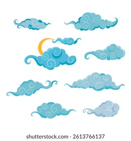 Tibetan sky. Set Blue Asian cloud with moon, sun and stars. Japanese Korean Chinese cloud style. Asian traditional ornaments. Vector illustration