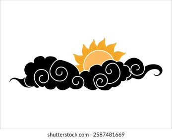 Tibetan sky. Smoke. Black Asian cloud with moon, sun and stars. Japanese Korean Chinese cloud style. Asian traditional ornaments. Vector illustration