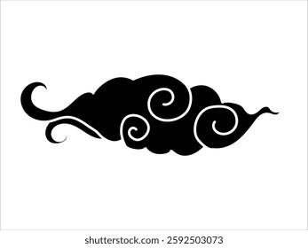 Tibetan sky. Smoke. Black Asian cloud with moon, sun and stars. Japanese Korean Chinese cloud style. Asian traditional ornaments. Vector illustration