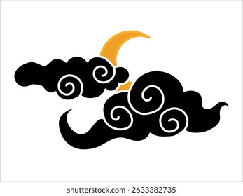 Tibetan sky. Smoke. Black Asian cloud with moon, sun and stars. Japanese Korean Chinese cloud style. Asian traditional ornaments. Vector illustration