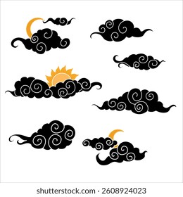 Tibetan sky. Smoke. Set Black Asian cloud with moon, sun and stars. Japanese Korean Chinese cloud style. Asian traditional ornaments. Vector illustration