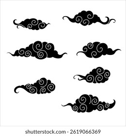 Tibetan sky. Smoke. Set Black Asian cloud with moon, sun and stars. Japanese Korean Chinese cloud style. Asian traditional ornaments. Vector illustration