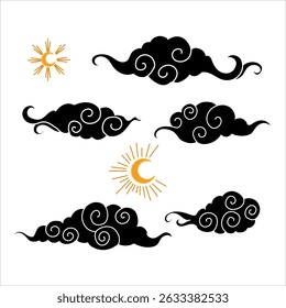 Tibetan sky. Smoke. Set Black Asian cloud with moon, sun and stars. Japanese Korean Chinese cloud style. Asian traditional ornaments. Vector illustration