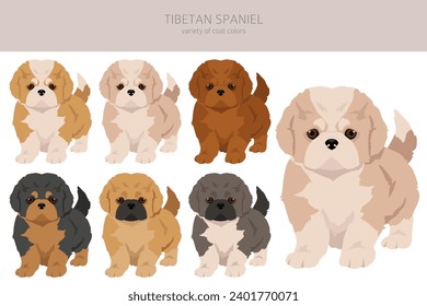 Tibetan spaniel puppies clipart. Different poses, coat colors set.  Vector illustration