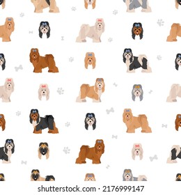Tibetan terrier seamless pattern. Different poses, coat colors set.  Vector illustration
