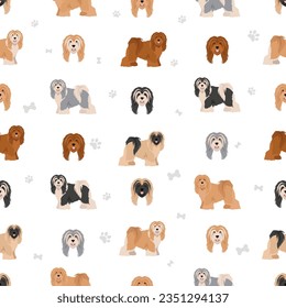 Tibetan terrier seamless pattern. Different poses, coat colors set.  Vector illustration
