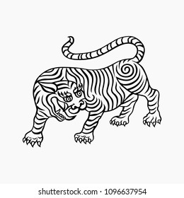 tibetan tiger, old chinese traditional style line work illustration  