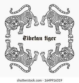 tibetan tiger, old chinese traditional style line work vector illustration, black lines on white background, label design