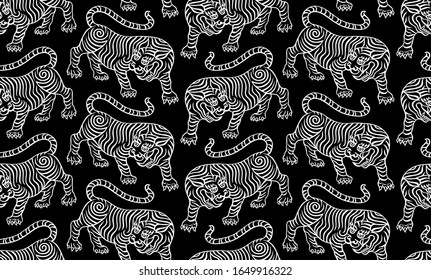 tibetan tiger pattern, old chinese traditional style line work illustration, black lines on white background