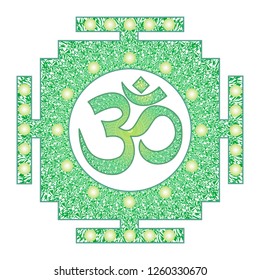 Tibetian openwork mandala, elegant circular ornament with the Om / Aum / Ohm sign in the center  on a green colors. Spiritual and sacred symbol. Vector graphics.